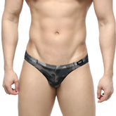 Metro male wear gray camo hip brief 5103-93 men’s thong with black and gray camouflage mesh fabric design front view