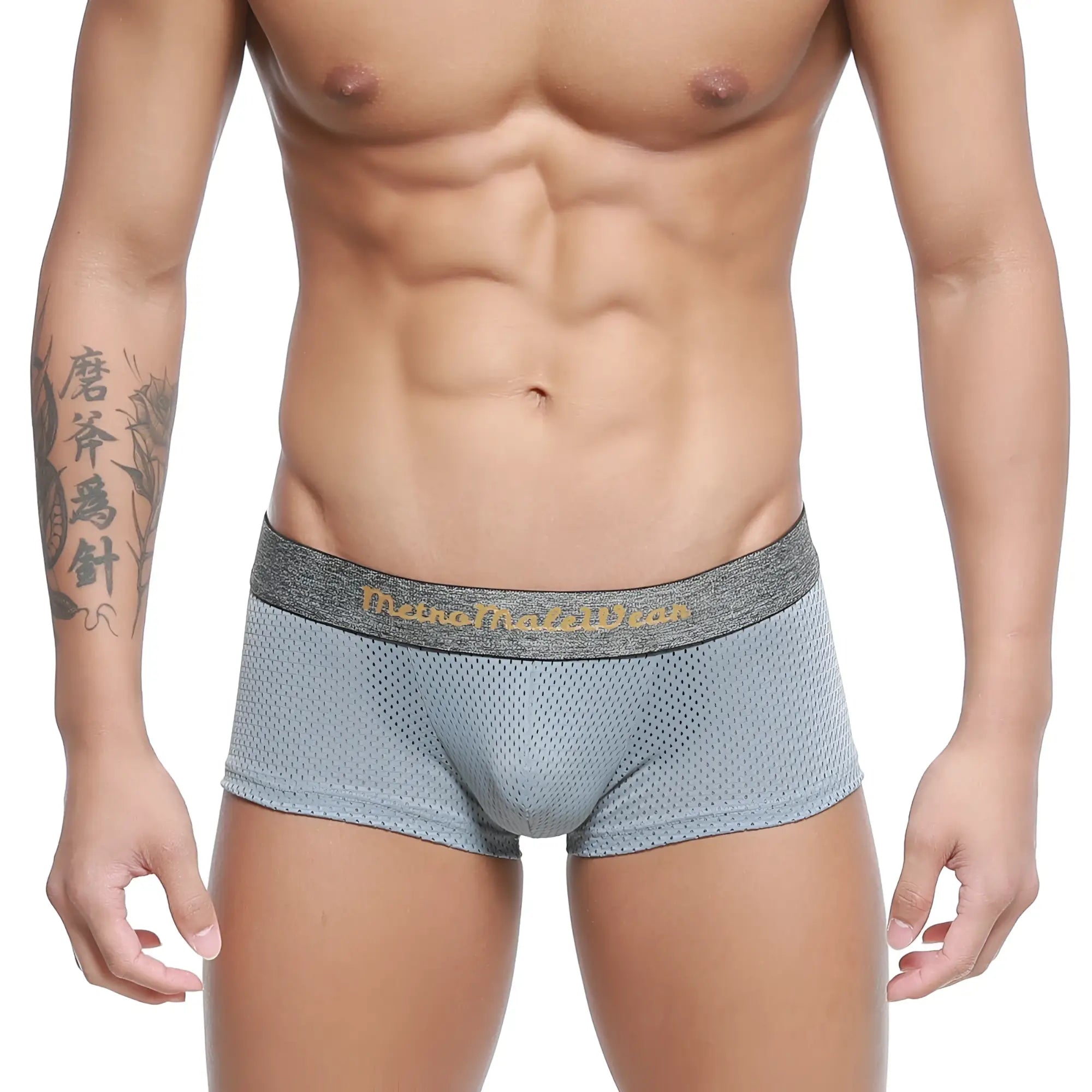 MetroMaleWear gray mesh briefs with textured waistband featuring gold lettering and breathable fabric design