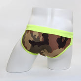 Neon green-trimmed camouflage men’s briefs metro male wear green camo split swim brief 4923-82 front view