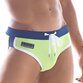 MetroMaleWear green split swim brief with lime green fabric navy blue waistband white trim and branded side patch
