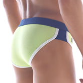MetroMaleWear green split swim brief in lime green and navy blue with white trim designed for athletic use