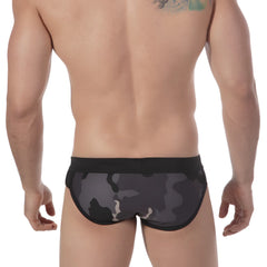 MetroMaleWear grey camo split swim brief with black waistband featuring black and gray camouflage pattern