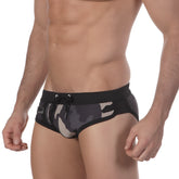 MetroMaleWear grey camo split swim brief 4923-81 black and gray camouflage swim trunks with a drawstring waistband