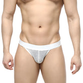 White mesh briefs with a solid white waistband from metromalewear grid mesh thong 2912-34 show front view