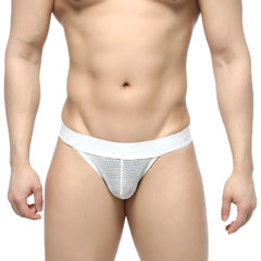 White mesh briefs with a solid white waistband from metromalewear grid mesh thong 2912-34 show front view