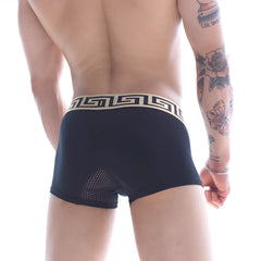 Metro male wear grid short boxer black 7 inch with cream greek key waistband and mesh back panel visible
