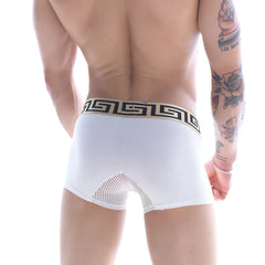 White mens boxer briefs metro male wear grid short 7 inch with beige black greek key waistband and mesh back detailing