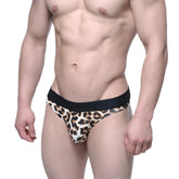 Leopard-print briefs with a black elastic waistband designed for comfort by MetroMaleWear half back bikini 6203-60