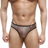 MetroMaleWear half-bikini thong gold 7002-21 sheer taupe mesh brief with black trim and red brand tag