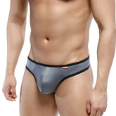 MetroMaleWear half-bikini thong gray with gray metallic texture black trim and small red logo on waistband