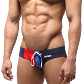 Navy blue red and royal blue metroMalewear harbour swim bikini trunks with white drawstring and annu branding