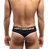 Black MetroMaleWear briefs with white trim and branding designed for comfortable everyday wear