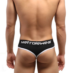 Black MetroMaleWear briefs with white trim and branding designed for comfortable everyday wear