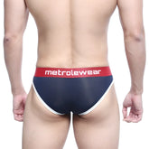 Navy blue and white men’s briefs with a red metrowear waistband metroMalewear Hawk Brief 2803-28