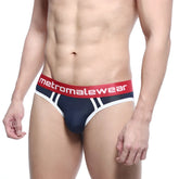 Navy blue and white striped mens briefs with red waistband featuring metromalewear logo metro malewear hawk brief 2803-28