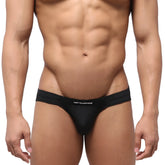 Black men’s snug highcut hip briefs in black with metromalewear embroidered waistband for comfortable support