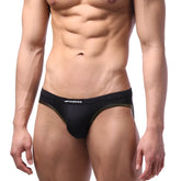Black MetroMaleWear highcut hip briefs with subtle gold trim and white brand lettering for athletic use