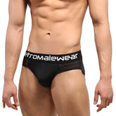 Black men’s highcut hip briefs with mesh stripe and etromalewear logo waistband in black 5103-41