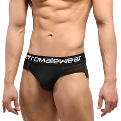 Black men’s highcut hip briefs with mesh stripe and etromalewear logo waistband in black 5103-41