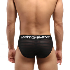 Black mesh highcut hip briefs with white metronewear logo on waistband for stylish comfortable wear