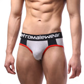 Gray and black highcut athletic briefs with red trim and aeromalewear logo on contrasting waistband metro malewear noir