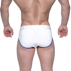 White briefs with blue trim metroMalewear highcut hip brief tiempo 5103-01 soft breathable fabric