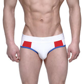 White briefs with red and blue geometric waistband accents metroMalewear highcut hip brief tiempo 5103-01