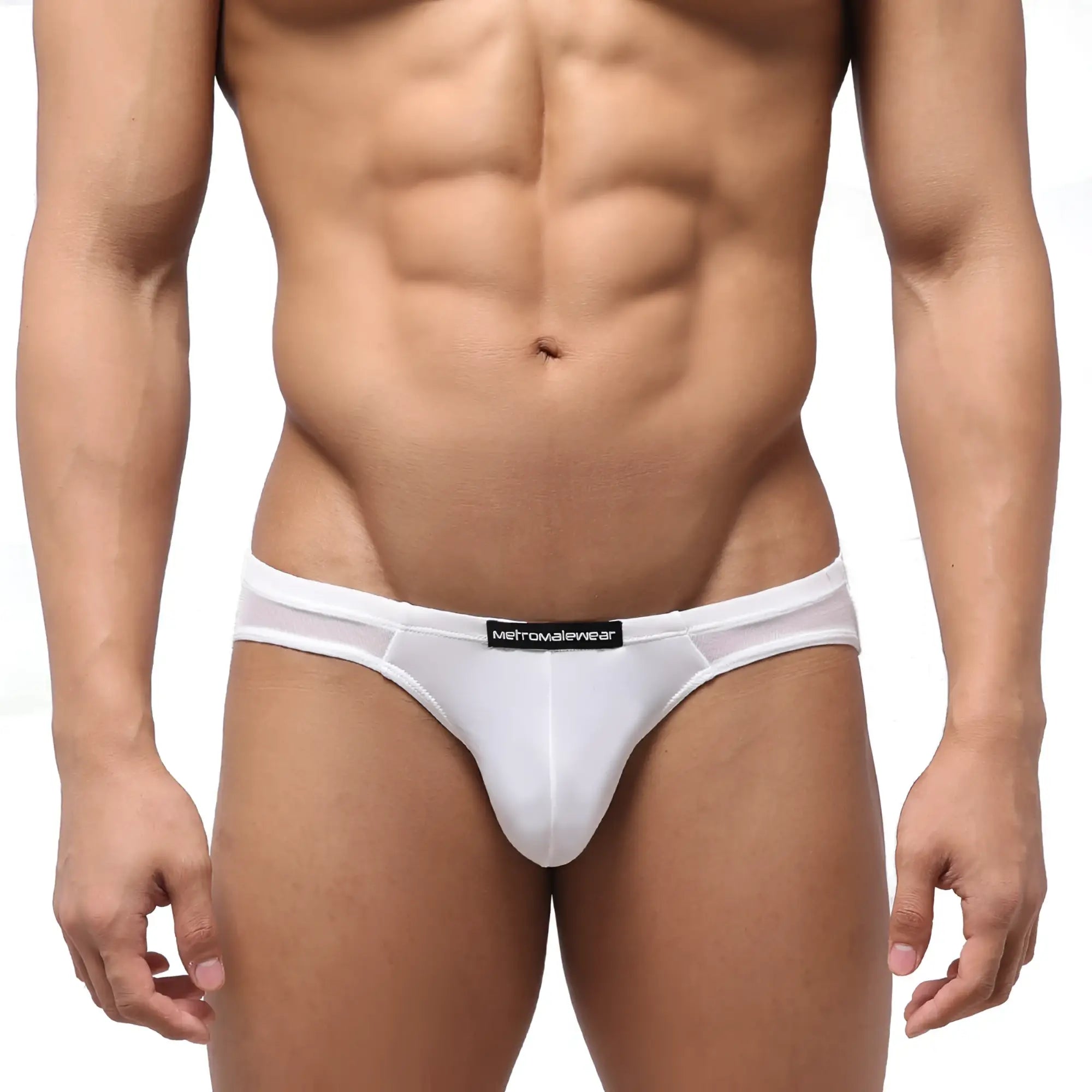 White mesh metro malewear highcut hip briefs with black brand label breathable lightweight underwear