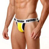 MetroMaleWear Highway bikini yellow athletic briefs with vibrant yellow navy blue fabric and white waistband million branding