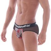 MetroMaleWear hip brief berry 5003-69 black mesh briefs with red and white polka dot front and branded waistband