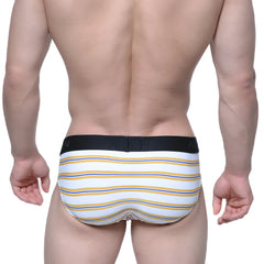 MetroMaleWear hip brief Valencia 5003-79 white with yellow and blue stripes and black elastic waistband front view