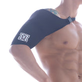 Black athletic shoulder support with white embroidered m logo on sleeve from metromalewear hombro black