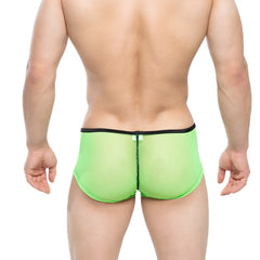 Bright neon green sheer mesh briefs with black trim and central zipper closure by MetroMaleWear hongos trunk lime 2126-73