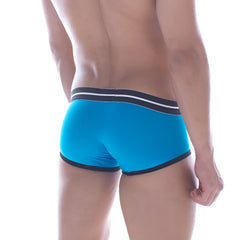 Bright blue MetroMaleWear Hotties boxer briefs with black and white striped trim for athletic wear