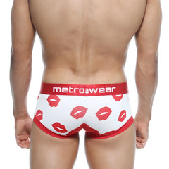 White briefs with red lipstick print and metroWear branded red waistband metroMaleWear hotties boxer valentine