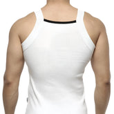 MetroMaleWear hummer tank top white ribbed cotton fabric with black trim along the neckline