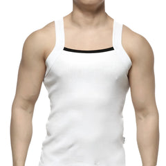 Metro malewear hummer tank top white ribbed cotton with black trim along the neckline for casual wear