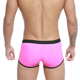 Bright pink MetroMaleWear Iberico trunk briefs with black elastic waistband and leg trim for comfortable wear