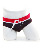 MetroMaleWear Ibiza swim brief black 4928-22 featuring red and black colors with white trim and drawstring details