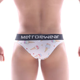 White mens briefs with ice cream cone pattern pastel swirls sprinkles and black metrowear waistband shown from back