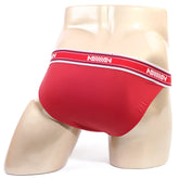 Red men’s briefs metroMalewear inferno bikini 3608-12 with white and red striped waistband featuring aomiv logo
