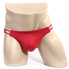 Red briefs with a white and red striped waistband featuring the MetroMaleWear logo in inferno bikini style