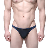 MetroMaleWear Infinito bikini black 6017-20 navy blue mesh thong with solid navy trim front view
