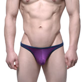 Purple and navy blue mesh thong bikini by metromalewear with a sleek form-fitting design