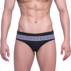 MetroMaleWear intenso swim brief black with bold white greek key pattern on waistband for stylish swimming