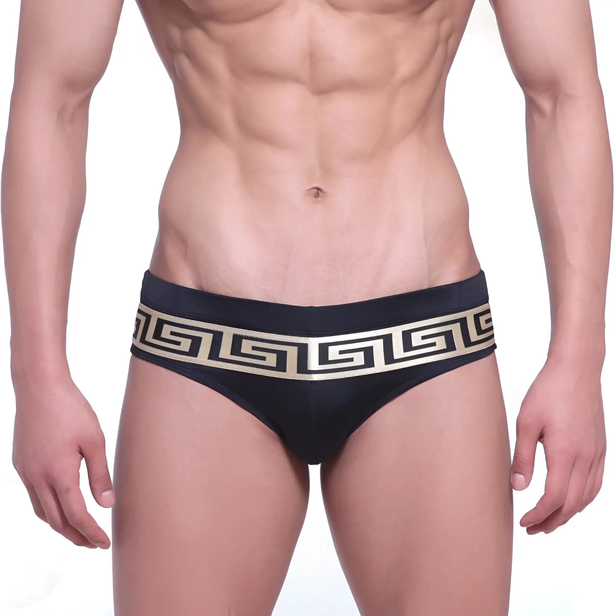 Metro male wear intenso swim brief black with gold greek key pattern on waistband designed for swimming