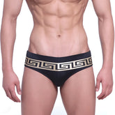 Metro male wear intenso swim brief black with gold greek key pattern on waistband designed for swimming