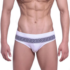 MetroMaleWear intenso swim brief white featuring bold black greek key pattern waistband for men