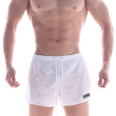 White lightweight mesh swim trunks with drawstring waistband and black logo patch metroMalewear iron sports short