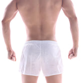 White sheer mesh swim trunks with elastic waistband from metromalewear iron sports short 4703-00